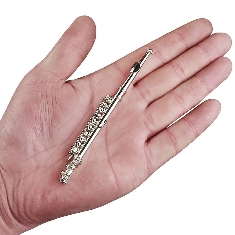 Dselvgvu Miniature Flute with Stand and Case Brass Mini Musical Instrument Flute Replica Collectible Figurines Dollhouse Accessories Model Home Decoration Display Ornament (Silver, 4.29") - Image 2